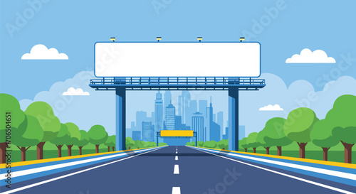 Vector illustration of empty highway billboard with city skyline in background, symbolizing urban advertising, marketing opportunities, road signage, and business promotion