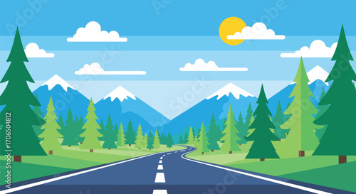 Vector illustration of scenic mountain road surrounded by pine forest and snowy peaks under sunny sky, symbolizing summer travel, adventure, road trip, and outdoor exploration