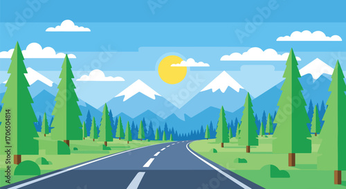 Vector illustration of scenic mountain road surrounded by pine forest and snowy peaks under sunny sky, symbolizing summer travel, adventure, road trip, and outdoor exploration