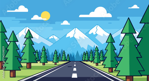 Vector illustration of scenic mountain road surrounded by pine forest and snowy peaks under sunny sky, symbolizing summer travel, adventure, road trip, and outdoor exploration