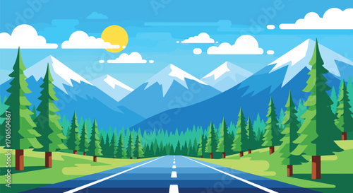 Vector illustration of scenic mountain road surrounded by pine forest and snowy peaks under sunny sky, symbolizing summer travel, adventure, road trip, and outdoor exploration