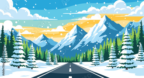 Vector illustration of scenic winter road leading through snowy forest with pine trees and mountains, symbolizing holiday travel, adventure, and nature landscape in cold season