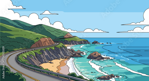 Vector illustration of scenic coastal highway with waves crashing on rocky shore, green cliffs, and blue ocean, symbolizing travel, road trip adventure, tourism, and summer vacation