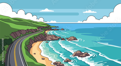 Vector illustration of scenic coastal highway with waves crashing on rocky shore, green cliffs, and blue ocean, symbolizing travel, road trip adventure, tourism, and summer vacation