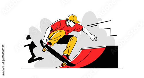 Dynamic Skateboarder Executes Mid-Air Trick Over a Ramp in a Graphic Illustration Design