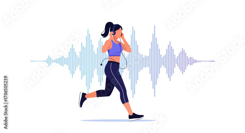 Dynamic Runner Immersed In Sonic Waves Listening To Audio During Her Morning Jog