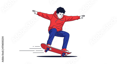 Dynamic Skateboarder Performing a Balanced Trick with Open Arms Isolated on White Background