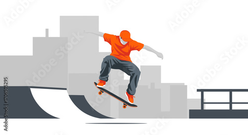 Dynamic Skateboarding Illustration Depicting a Skater Performing an Airborne Trick in the City