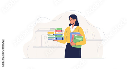 Educated Person Carrying a Large Quantity of Books in Classroom Environment