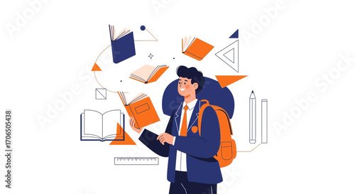 Educated Student Reads Books Surrounded By Geometric Shapes And School Supplies
