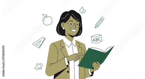Educational Iconography: Teacher Demonstrating Knowledge with Reading and Iconic Symbols