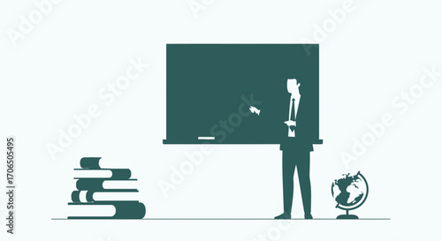 Educational Illustration: Teacher, Books, and Globe Depicting Learning Environment