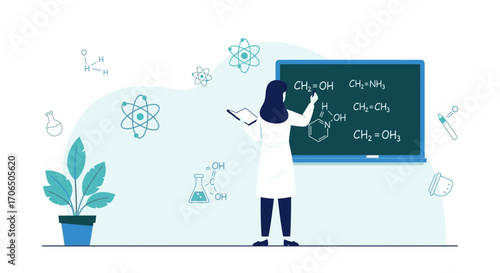 Educator Explaining Molecular Structure And Chemical Equations On Chalkboard In A Lab Setting
