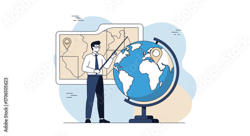 Educator Explains Geographic Location On Globe And Map With Illustration Vector