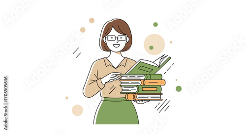 Educator Holding a Stack of Books, Smiling, Ready to Share Literary Treasures