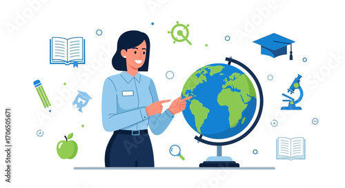 Educator Pointing At A Globe, Showing Global Learning Process With Icons