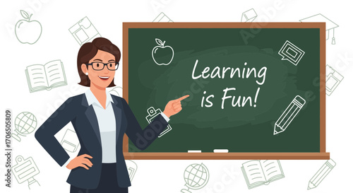 Educator Smiling, Using Black Board To Promote That Learning Is Enjoyable and Fun