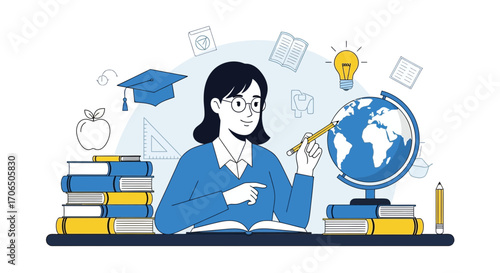 Educator Teaching Geography: Modern Illustration Depicting Academic Learning And Globe
