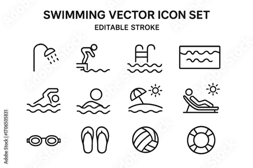 Collection of swimming vector icons illustrating various water activities and related items in a minimalist style