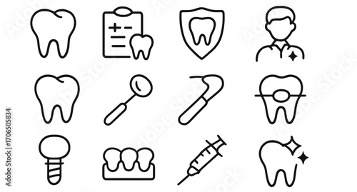 Collection of dental icons representing various aspects of oral health and care in a modern style