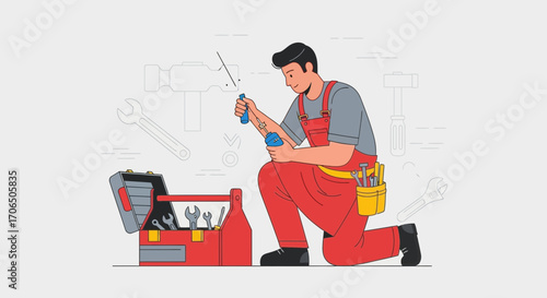 Efficient Artisan Repairing Instrument Using Tools, Working On Home Improvement, Illustration