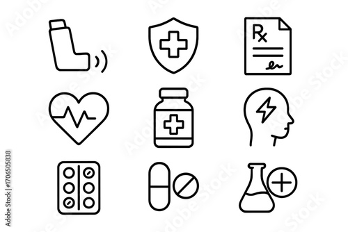 Icons representing medical concepts including asthma, prescriptions, and healthcare symbols in black and white