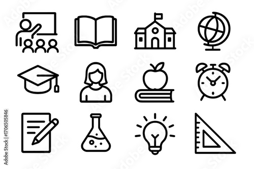 Educational symbols representing various aspects of learning in a classroom setting