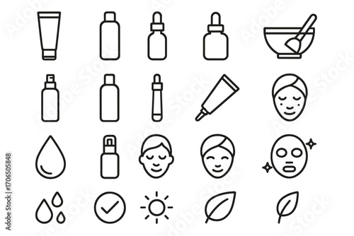 Various skincare products and healthy face icons arranged in a minimalist design perfect for beauty or wellness themes