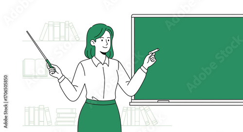 Educator Standing Before Blackboard Demonstrating With Chalk, Classroom Illustration, Minimalist