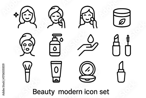 Beauty care icon set showcasing various cosmetic and skincare tools and products in a minimalist style