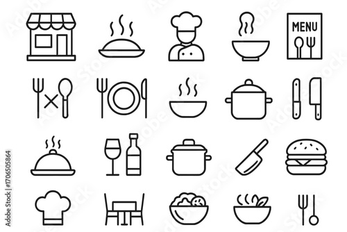 Icons representing various elements of dining and food preparation in a casual eatery setting