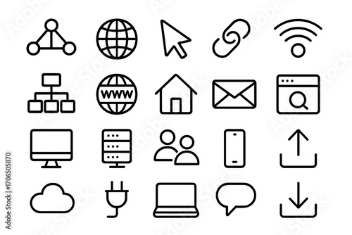 Collection of minimalistic technology icons representing internet and connectivity concepts in black and white design