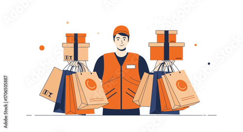 Efficient Delivery Person Carrying Shopping Bags and Boxes for Quick Service