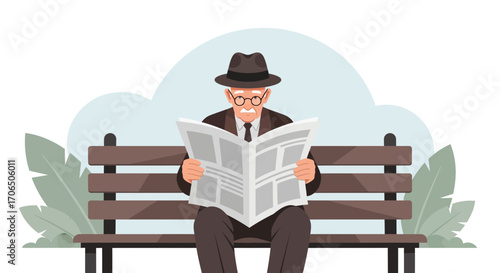 Elderly Gentleman Reading Newspaper On Bench In Park While Enjoying Quiet Time
