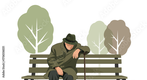 Elderly Man Resting On Park Bench Wearing A Hat With Trees In Backdrop