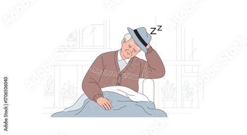 Elderly Man Napping Peacefully While Seated Indoors, Wrapped In Cozy Comfort