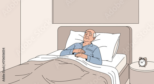 Elderly Man Sleeping Comfortably In Bed Before Wakeup, Peaceful Morning Routine