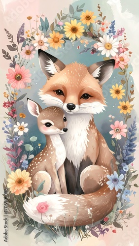 Cute fox and deer in floral frame