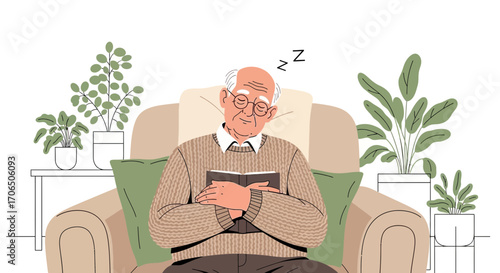 Elderly Man Sleeping Comfortably In His Armchair While Holding A Book