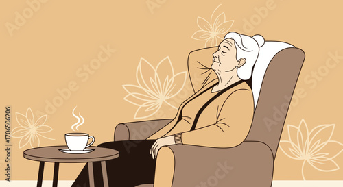 Elderly Woman Relaxing In Chair With Cup Ready Enjoying Peace And Tranquility