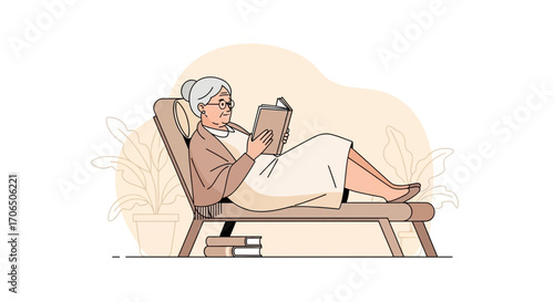 Elderly Woman Relaxing On Chair Reading Book During Quiet Afternoon