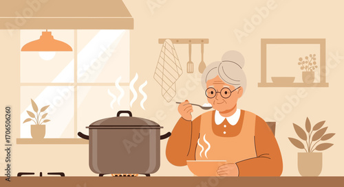 Elderly Woman Tasting Food In Kitchen preparing Meal for Dinner with Delicious Taste