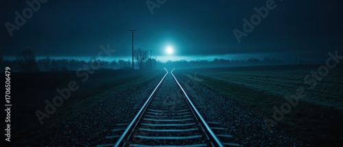 Night railway track extending to horizon under dark blue sky