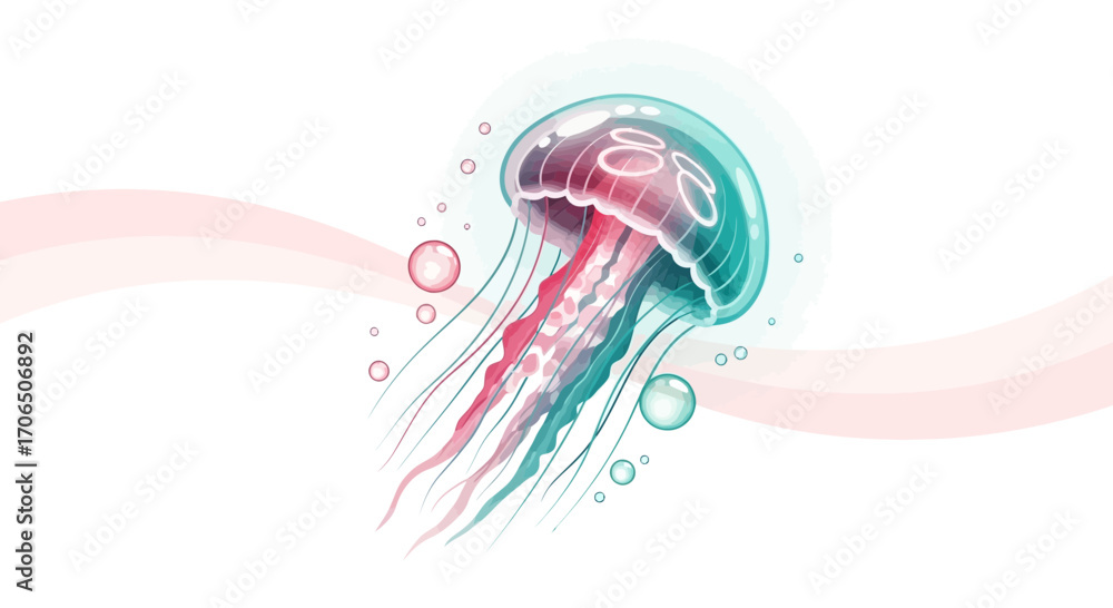 Fototapeta premium Elegant Jellyfish Depiction With Teal and Pink Tones Against White Background