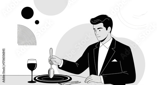Elegant Illustration of Restaurant Service Depicts a Gentleman’s Fine Dining Experience