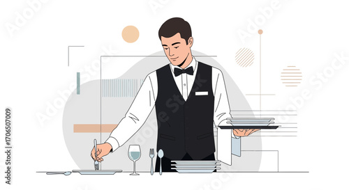 Elegant Restaurant Server Preparing Table With Silverware For Dining Service