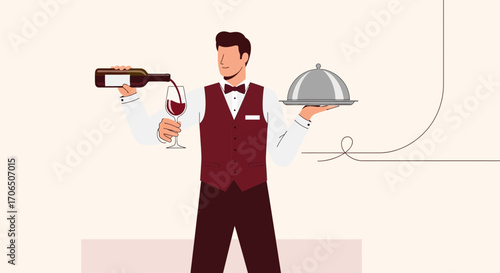 Elegant Restaurant Server Delivering Wine and Offering Served Dish in a Hospitality Scene