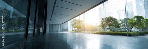 Large open room with a view of trees and a city