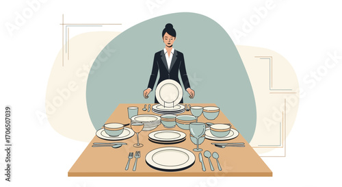 Elegant Restaurant Table Setting With a Server Preparing a Meal at Fine Dining