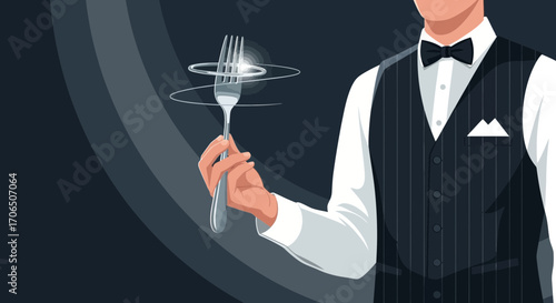 Elegant Server Holding Fork With Magical Swirls in Artistic Style Illustration